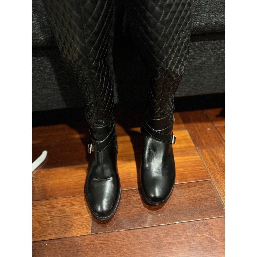 Annabeth by JUSTFAB (SHOEDAZZLE) Black quilted faux leather riding boots, SZ 7 - Picture 10 of 16